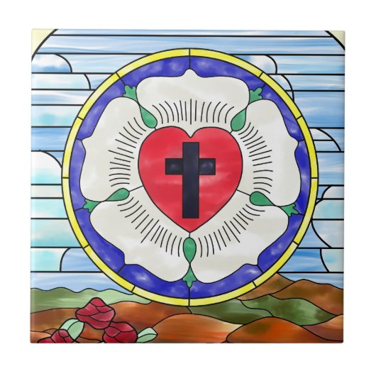 Lutherrose-Buntglasfenster Fliese (Vorderseite)