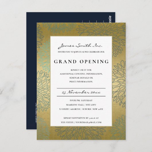 LUX BLAUE GOLD DAHLIA FLUSSGRAND ÖFFNUNG EINLADUNG POSTKARTE (Vorne/Hinten)