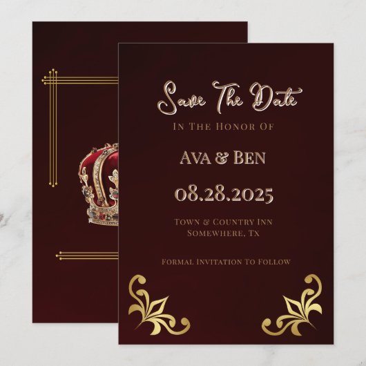 Lux Burgundy Gold Blüht die Datumskarten speichern Einladung (Vorne/Hinten)