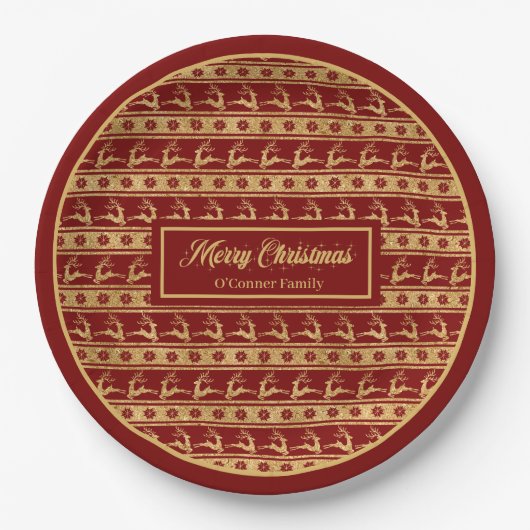 Lux Christmas Plates Custom Red Gold Reindeer Pappteller (Vorderseite)