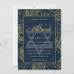 LUX ELEGANT NAVY GOLD ROSE FLORALE BAT BAR MITZVAH DANKESKARTE