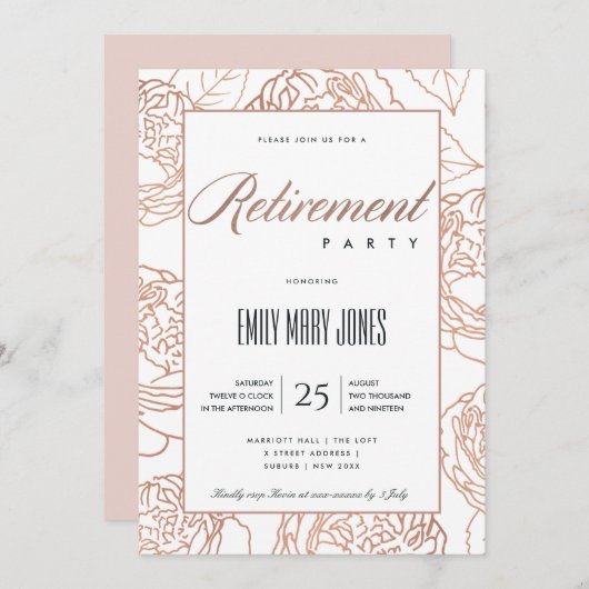 LUX ELEGANTES BLUSPINK ROSE GOLD FLORALRETIREMENT EINLADUNG (Vorne/Hinten)