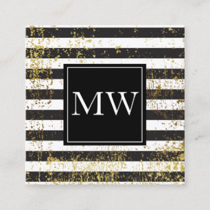 Lux Gold Grunge Monogram Schwarz-weiße Streifen Quadratische Visitenkarte