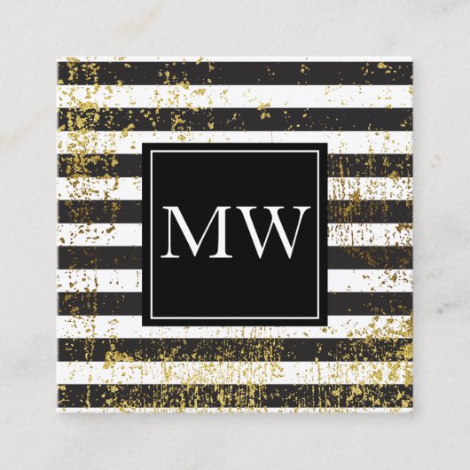 Lux Gold Grunge Monogram Schwarz-weiße Streifen Quadratische Visitenkarte (Vorderseite)