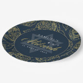 LUX GOLD NAVY BLUE ROSE FLORAL BAR BAT MITZVAH PAPPTELLER (Schrägansicht)