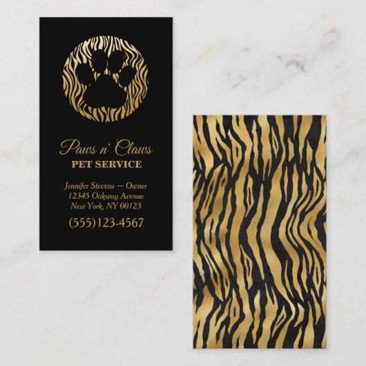 Lux Gold Tiger Print Paw Pet Service Business Card Visitenkarte (Vorne/Hinten)