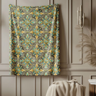 Lux Green und Gold mediterrane Fliesen Blumen Fleecedecke