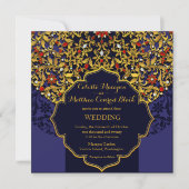 Lux Jeweled Gold Red Blue Hindu Wedding Einladung (Vorderseite)