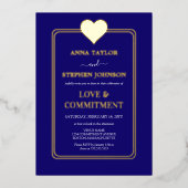 Lux Navy Blue and Gold Heart Commitment Zeremonie Folieneinladung (Vorderseite)