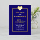 Lux Navy Blue and Gold Heart Commitment Zeremonie Folieneinladung (Stehend vorne)