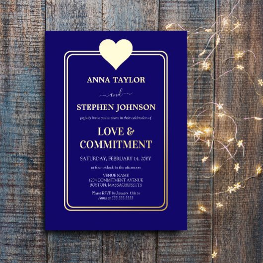 Lux Navy Blue and Gold Heart Commitment Zeremonie Folieneinladung