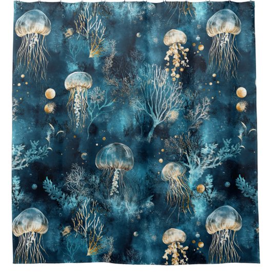 Lux Ocean Jellyfish & Coral Gold Pattern (2) Duschvorhang (Vorderseite)