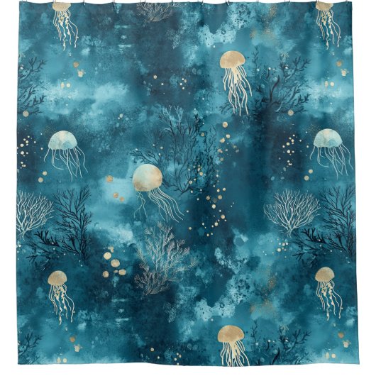 Lux Ocean Jellyfish & Coral Gold Pattern (3) Duschvorhang (Vorderseite)