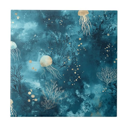 Lux Ocean Jellyfish & Coral Gold Pattern (3) Fliese (Vorderseite)