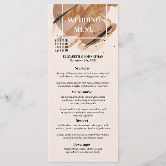 Lux Rose Gold Glitzer rostige Kupfertöne Hochzeit Menükarte (Vorderseite)