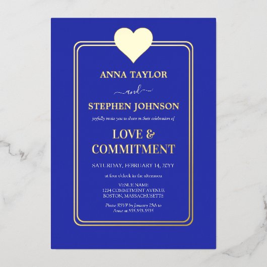 Lux Royal Blue and Gold Heart Commitment Zeremonie Folieneinladung (Vorderseite)