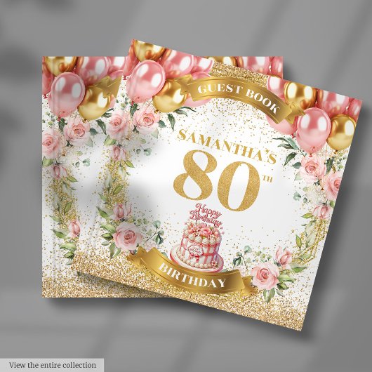 Luxe 80. Geburtstag Gästebuch Pink Gold Florals