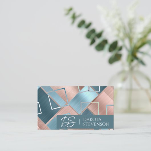 Luxe Abstrakt | Rose Gold und Aquamarines Monogram Visitenkarte (Stehend Vorderseite)