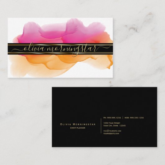 Luxe Abstrakte Aquarellfarben Tinten Fuchsia Golde Visitenkarte (Vorne/Hinten)