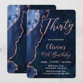 Luxe Agate Sapphire Blue Rose Gold 30. Geburtstag Einladung