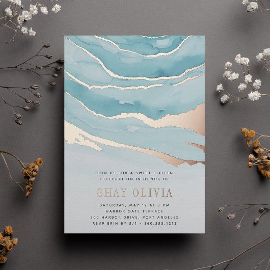 Luxe Aqua Marble 16 . Geburtstag Birthday Folieneinladung