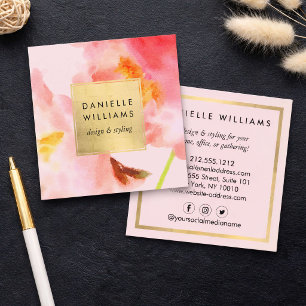 Luxe Aquarellfarben Rosa Florals mit Imitate Gold  Quadratische Visitenkarte