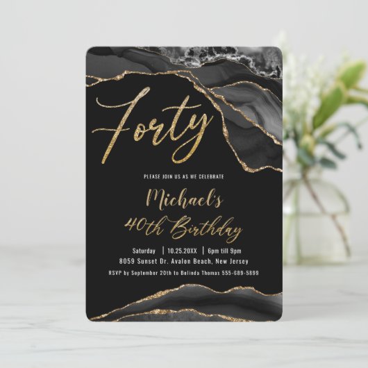 Luxe Black Agate Marble Gold Glitzer 40. Geburtsta Einladung (Stehend Vorderseite)