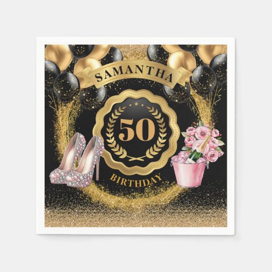 Luxe Black Balloons Napkins mit Gold Glitzer Art Serviette (Vorderseite)