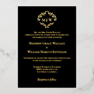 Luxe Black Gold Elegant Wreath Monogram Wedding Folien Feiertagskarte