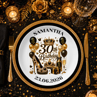 Luxe Black Gold Glitter 30th Birthday Party Plate Pappteller