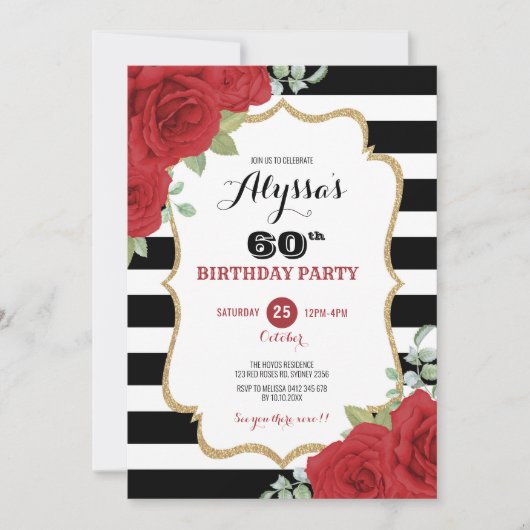 Luxe Black Gold Rote Rosen Erwachsene Frauen Gebur Einladung (Vorderseite)