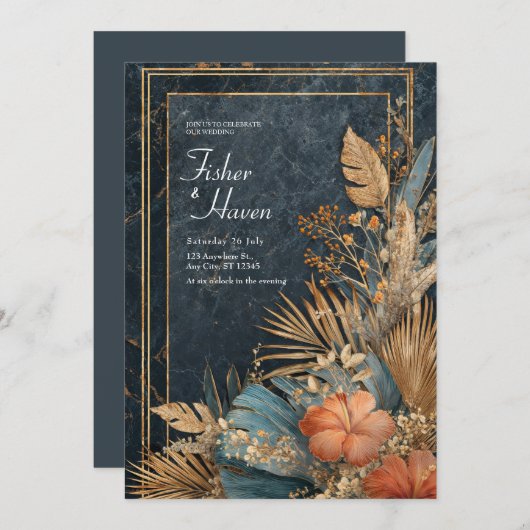 Luxe Black Marble & Gold Tropical VIP Hochzeit Einladung (Vorne/Hinten)
