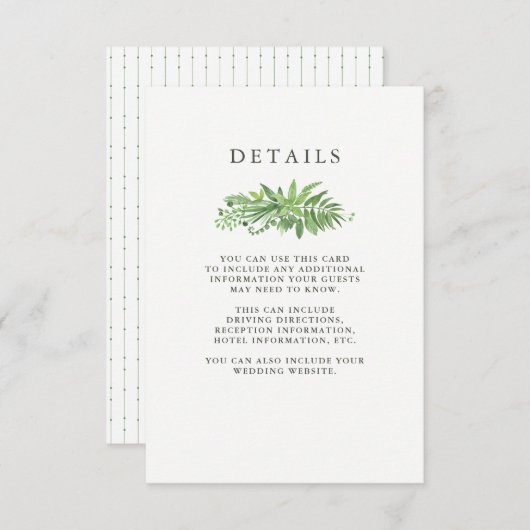 Luxe Blätter Grüne botanische Hochzeitgäste Detail Begleitkarte (Vorne/Hinten)