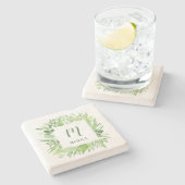 Luxe Blätter | Grüner botanischer Rahmen und Monog Steinuntersetzer (Seitenansicht)