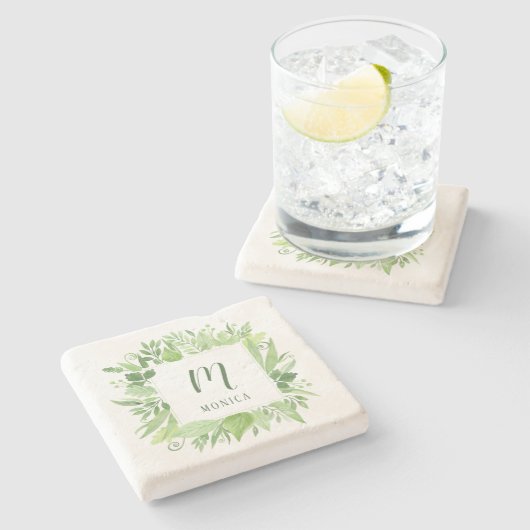 Luxe Blätter | Grüner botanischer Rahmen und Monog Steinuntersetzer (Seitenansicht)