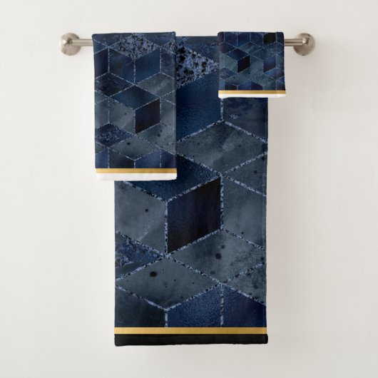 LUXE BLUE BRICK GEOMETRIC GOLD BADEZIMMER TOWEL BADHANDTUCH SET (Insitu)