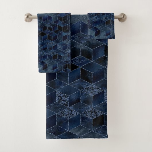 LUXE BLUE GEOMETRIC BLOCK DESIGN BADEZIMMER TOWEL BADHANDTUCH SET (Insitu)