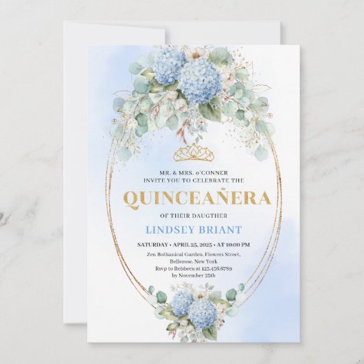 Luxe Blue Hydrangeas Greenery 15th Birthday Invite Einladung (Vorderseite)