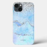 Luxe Blue Marble & Silver Glitzer mit Name Monogra