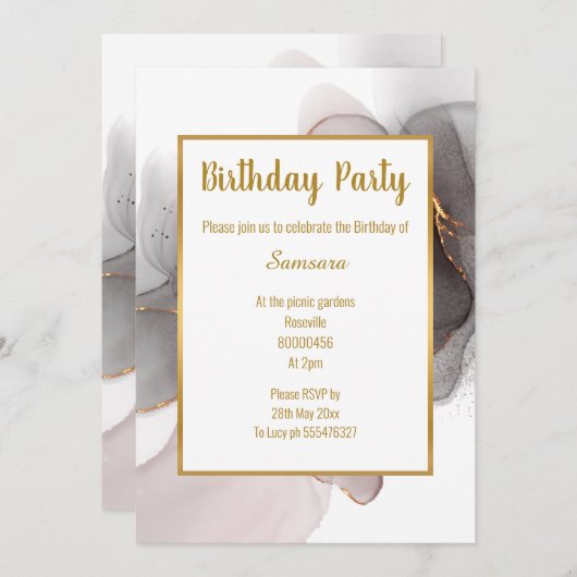 LUXE BLUSH BLACK CHIFFON BIRTHDAY EINLADUNG (Vorne/Hinten)