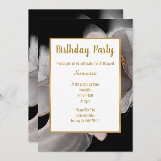 LUXE BLUSH BLACK RAUCHEY ROSE GEBURTSTAG EINLADUNG (Vorne/Hinten)