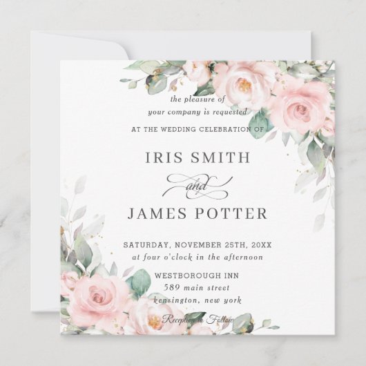 Luxe Blush Pink Blumengrün Hochzeitsplatz Einladung (Vorderseite)