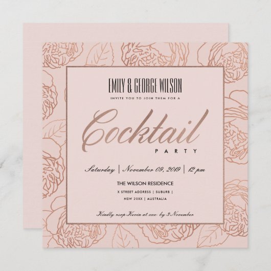 LUXE BLUSH PINK ROSE GOLD FLORAL COCKTAIL PARTY EINLADUNG (Vorne/Hinten)