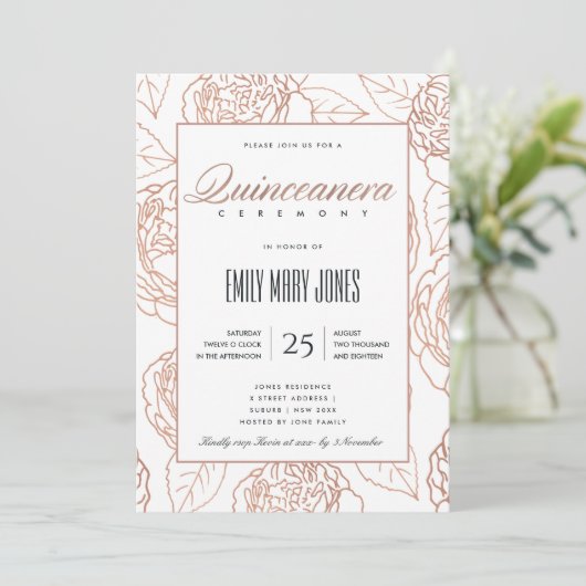 LUXE BLUSH PINK ROSE GOLD FLORAL QUINCEANERERA EINLADUNG (Stehend Vorderseite)