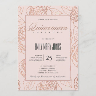 LUXE BLUSH PINK ROSE GOLD FLORAL QUINCEANERERA EINLADUNG