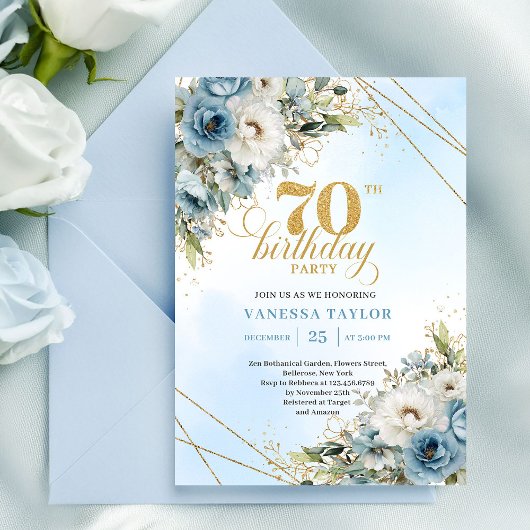 Luxe bohemian blue florals gold 70th birthday einladung