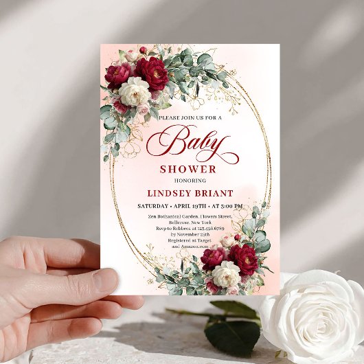 Luxe Boho Maroon Floral Gold Baby Shower Invitatio Einladung