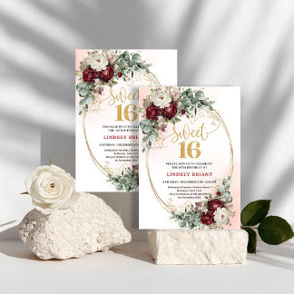 Luxe Boho Marsala Pfingstrosen Gold Sweet Sixteen  Einladung