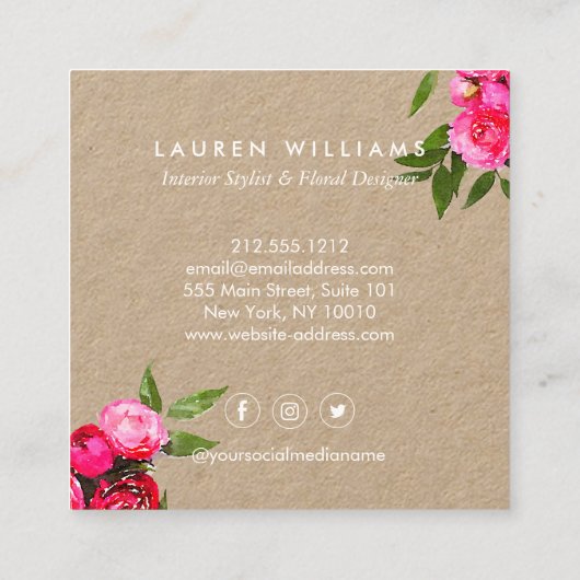 Luxe Bold Wasserfarbe Rose auf Kraft Quadratische Visitenkarte (Rückseite)