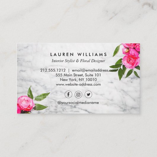Luxe Bold Wasserfarbe Rose auf Marmor Visitenkarte (Rückseite)